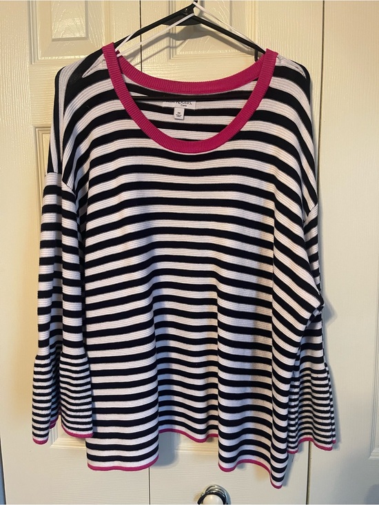 Kim Rogers Sweaters - Kim Rogers Black & White Striped Crew Sweater with Pink Trim